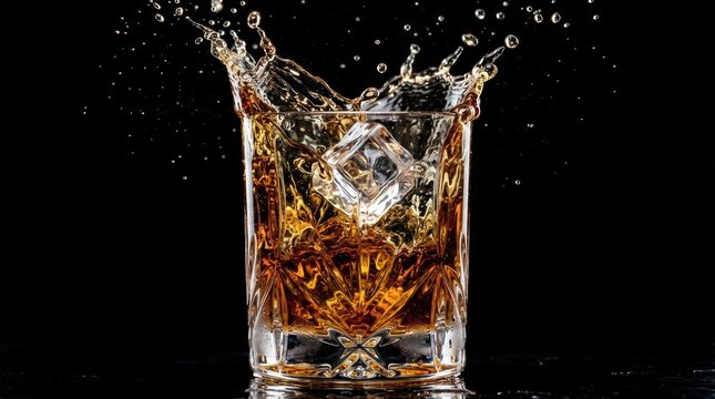 Whiskey Splash in Glass with Ice Cube on Black Background.