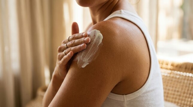 Woman Applying Moisturizing Lotion to Her Shoulder.