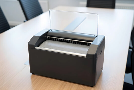 Document security and data privacy, paper shredder machine on a conference table for corporate information protection and confidential waste management