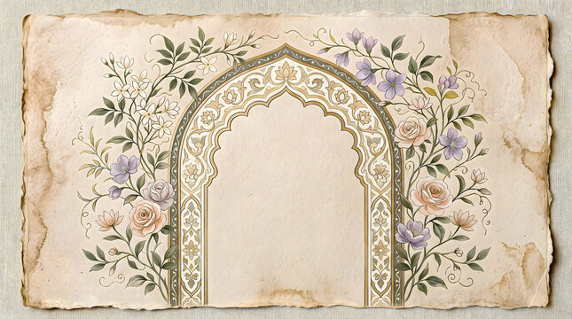 An ornate mughal archway framed by floral arrangements is depicted in a watercolor style ornament painting arabesque design vintage