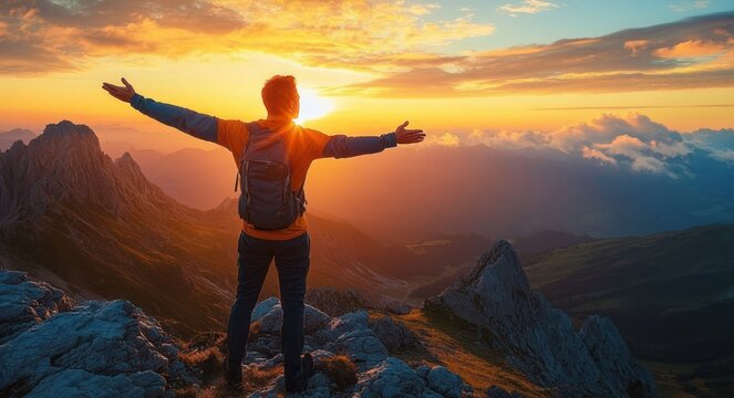 Backpacker standing on a rocky mountain summit with arms outstretched toward a golden sunrise over cloud-filled valleys, feeling triumphant and free