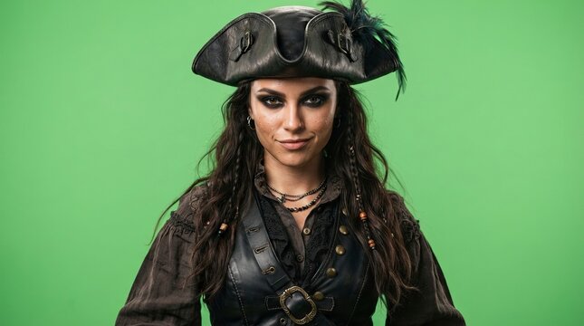Portrait of a confident female pirate captain in costume and tricorn hat posing against green screen