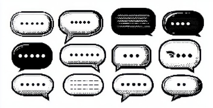 twelve black and white comic speech bubbles with dotted ellipses and halftone shading arranged in a grid, conveying waiting and silent conversation