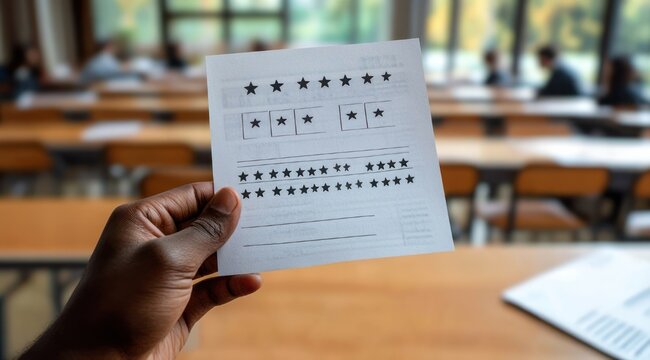 Hand holding a star rating sheet in a quiet classroom, focused and contemplative mood with blurred desks and figures in the background