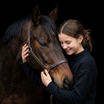 Young girl embracing her beloved horse with affection and tenderness.