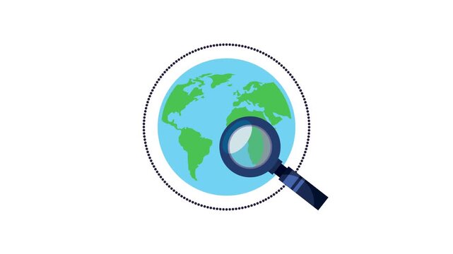 Animated globe with magnifying glass represents global search and data analysis concepts motion graphic.