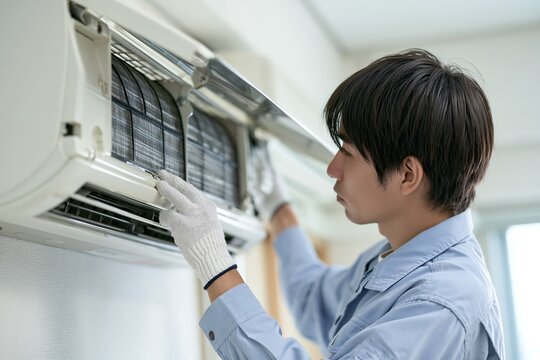 エアコン清掃メンテナンスを行う専門業者男性スタッフの横顔