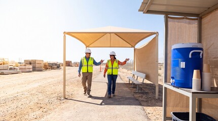 Fototapeta premium Construction crew walking through desert development project