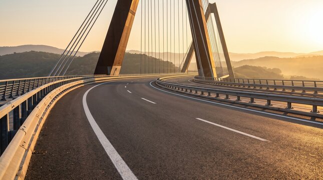 Curved modern cable stayed bridge highway road leading into a golden sunrise over misty hills