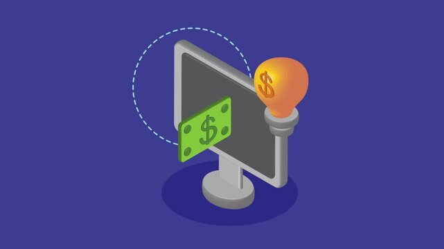 Digital money and lightbulb icon on computer screen in isometric view, concept of online income and new idea.