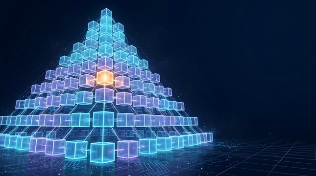 Visualization of a hierarchical data and computing network made of glowing cubes, symbolizing information processing, system architecture, connectivity, and digital technology development