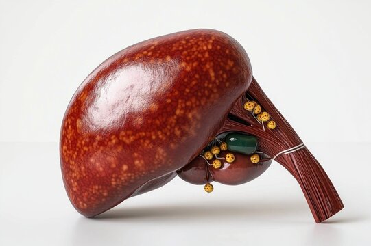 glossy human liver model with attached green gallbladder and multiple yellow gallstones lodged in bile ducts, detailed clinical illustration conveying concern