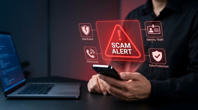 Digital scam threats targeting business users through smartphones and laptops, highlighting phishing risks, information theft, fraudulent communication, and the importance of data security