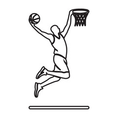 Linear illustration of a basketball player performing a slam dunk © ibram