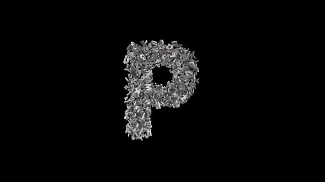 Letter P Formed by Many Small Letters Animation with Alpha Channel. Creative Letter Reveal Animation. Alphabet Animation. 3D Font Animation. Text Based Letter Design. Transparent Background