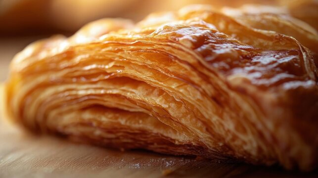 Close-up of golden flaky layered pastry on wooden surface, warm buttery sheen, indulgent and mouthwatering