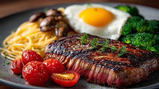 Steak egg spaghetti broccoli mushrooms tomatoes gourmet plate meal food dinner cuisine rustic kitchen delicious grilled striploin pasta vegetables savory dish with rich textures warm lighting