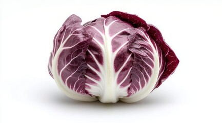 Fototapeta premium single purple and white radicchio head with crisp veined leaves on a clean white background, fresh and vibrant still life