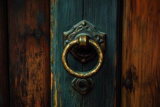 Antique brass ring door knocker on weathered teal and brown wooden door with rich patina, ornate backplate evoking rustic mystery and warm nostalgia