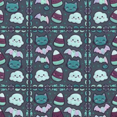 Cute halloween pattern with cartoon cats candy corn bats and clouds on grey background for fabric and stationary projects.