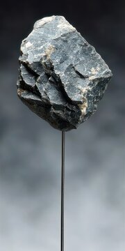 rugged dark gray rock specimen mounted on thin metal rod against soft gray gradient background, austere and solitary display