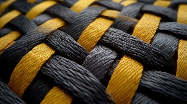 Macro close-up of tightly woven black and yellow textured fibers with intricate interlaced pattern, tactile and dynamic abstract textile detail