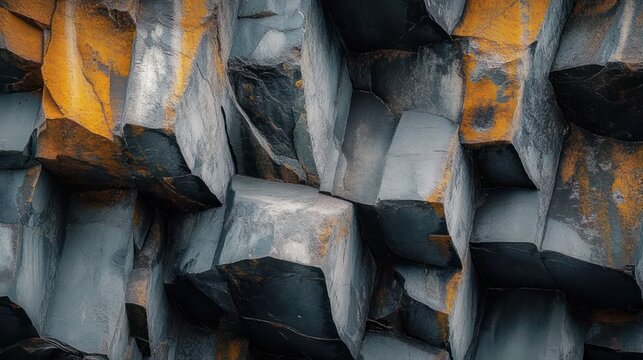close-up of hexagonal basalt rock columns with orange lichen stains and deep shadows, dramatic textured volcanic cliff wall