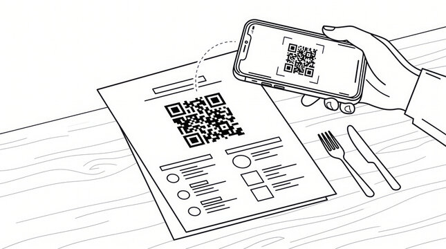 Smartphone scans qr code on restaurant menu, providing digital access to dining options and enhancing customer experience.