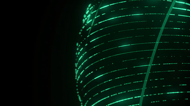 Digital globe sphere made of glowing green dotted lines on a solid dark black background.