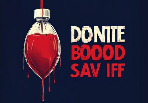 dripping heart-shaped intravenous blood bag with cap and tube beside bold distressed misspelled text on a dark background, urgent and unsettling life-saving plea