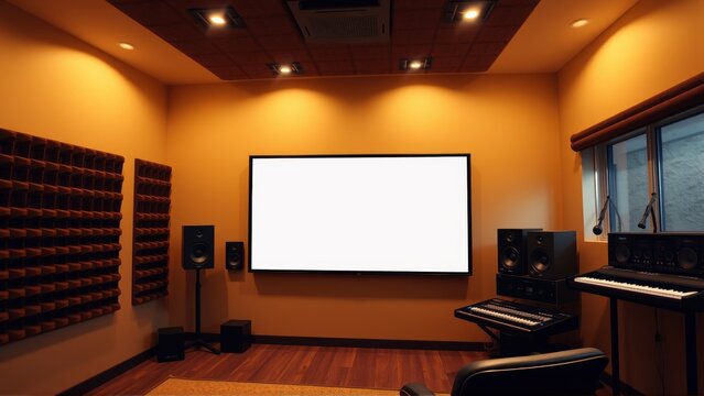 Warm studio interior. Equipment dominates space. Lighting creates dramatic effect. Focus on sound production, recording setup visible.