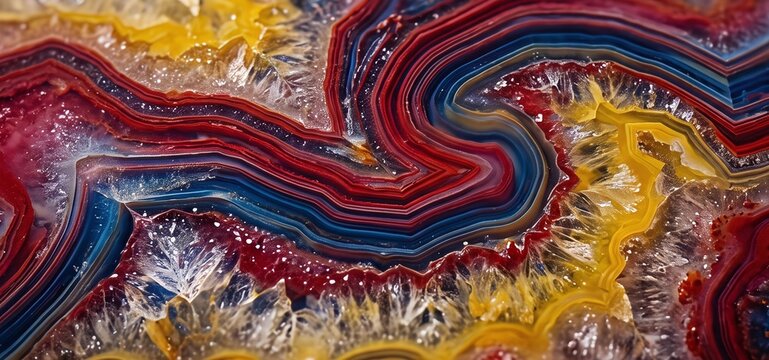 Vibrant Multicolored Agate Geode Texture, Abstract Mineral Surface with Red Blue and Yellow Banded Layers and Crystalline Druzy Detail for Luxury Nature Background and Decorative Backdrop.
