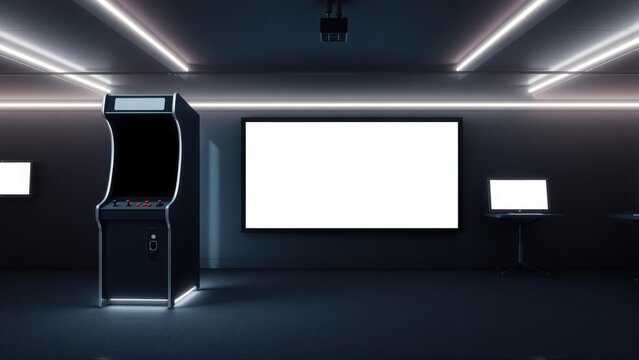 Dark room features arcade machine, large screen, minimal furniture. Dramatic lighting creates futuristic vibe. Clean, modern aesthetic.