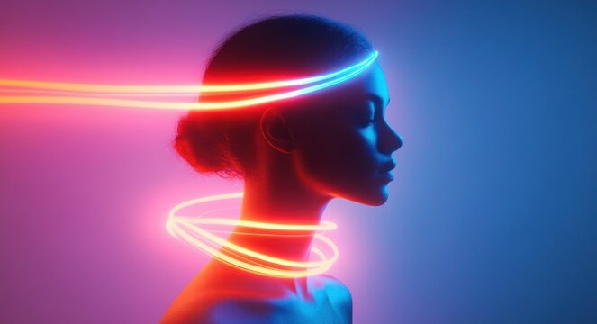 Profile silhouette of person with hair in a bun lit by neon light trails wrapping around the neck and streaking across the face, futuristic and mysterious mood