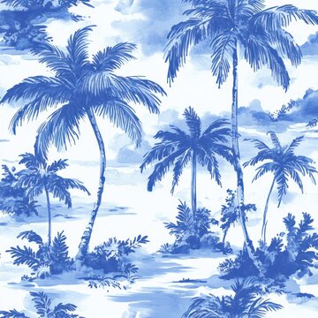 serene blue watercolor tropical shoreline with tall palm trees, coastal shrubs, and cloudy sky