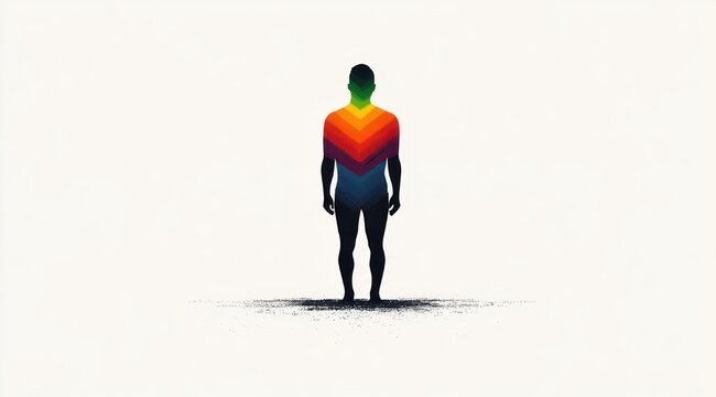 Solitary standing human silhouette with layered chevron colors across the torso and textured shadow on a minimalist pale background conveying introspection and quiet strength