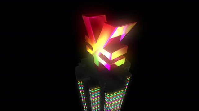 てっぺんに金色の日本の円マーク￥がついた、窓がカラフルに光る建物が動く、FullHD解像度、背景透過のループ映像素材、VJ素材
