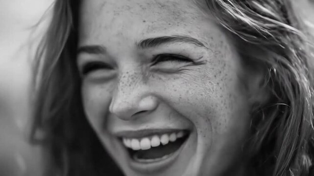Close up of freckled woman laughing heartily.
