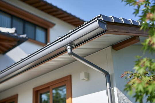 青空と白い外壁が美しい日本の家屋屋根と雨樋のデザイン
