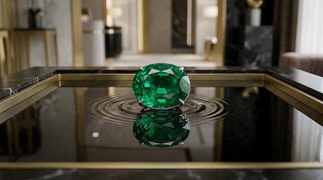 Oval cut emerald gemstone resting on a water surface with ripples