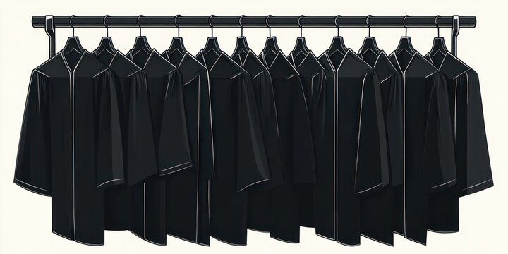 neatly arranged row of identical black shirts on hangers along a metal clothing rack, creating a minimalist, ordered and slightly somber pattern