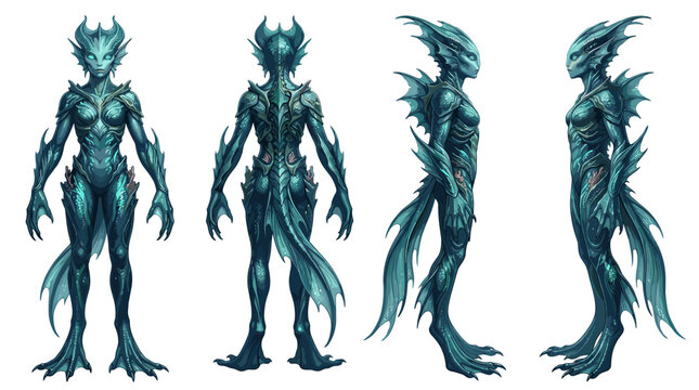 Aquatic Merfolk Fish Creature Character Model Sheet Turnaround Angles Vector Isolated White Background Illustration
