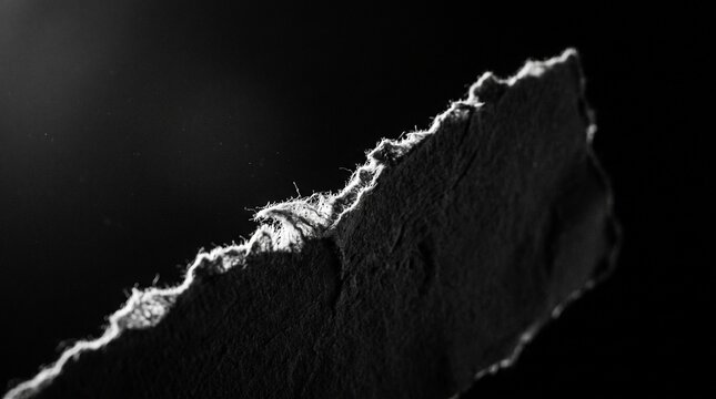 Macro of Torn Paper Edge with Visible Fibers in Black and White
