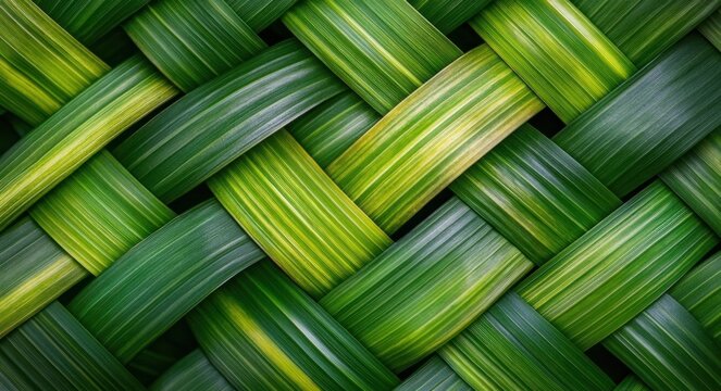 interwoven glossy green leaves creating a repeating basket weave pattern, fresh and soothing