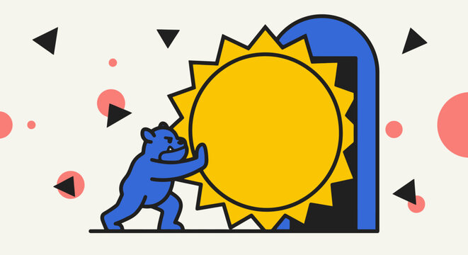Blue bear character pushing a yellow star symbol in a modern geometric style