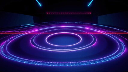 Fototapeta premium Dark room features concentric neon circles. Glowing lines create futuristic stage, vibrant purple hues dominate scene. Minimalist design.