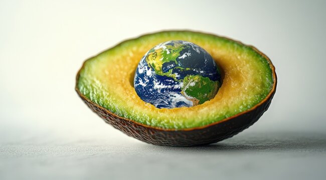 Ripe avocado half with textured dark skin and green-yellow flesh, the Earth globe nestled in the pit &mdash; whimsical surreal environmental still life with soft lighting