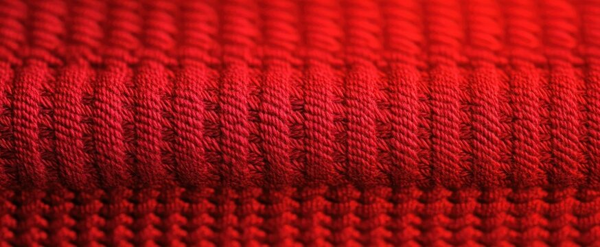 Close-up of red ribbed knitted fabric showing yarn fibers and repeating horizontal stitch pattern, evoking a cozy warm soft texture