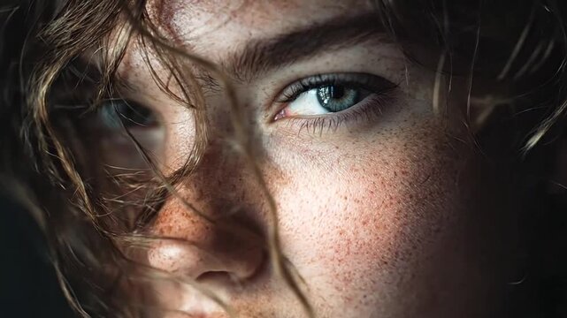 Macro close-up of blue eyes and freckled skin.