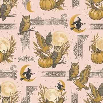 Autumn harvest pattern featuring rustic owls pumpkins witches and crescent moons in muted warm earth tones for seasonal.